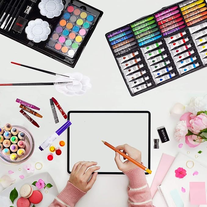 KINSPORY Art Supplies, 139 Pack Painting Drawing Art Kit with 2 Sketch Pads, Double Layers Art Set Crafts, Colored Pencils, Oil Pastels, Watercolor Paints, Aluminum Gift Case for Artists Kids (Pink)