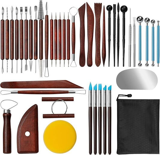 Amrules Clay Tools Kit, 43 PCS Red Pottery Tools, Practical Polymer Clay Sculpting Tools Kit, Air Dry Clay Tools Set for Adults, Pottery Craft, Dotting, Carving, Drawing, Molding, Modeling, Shaping