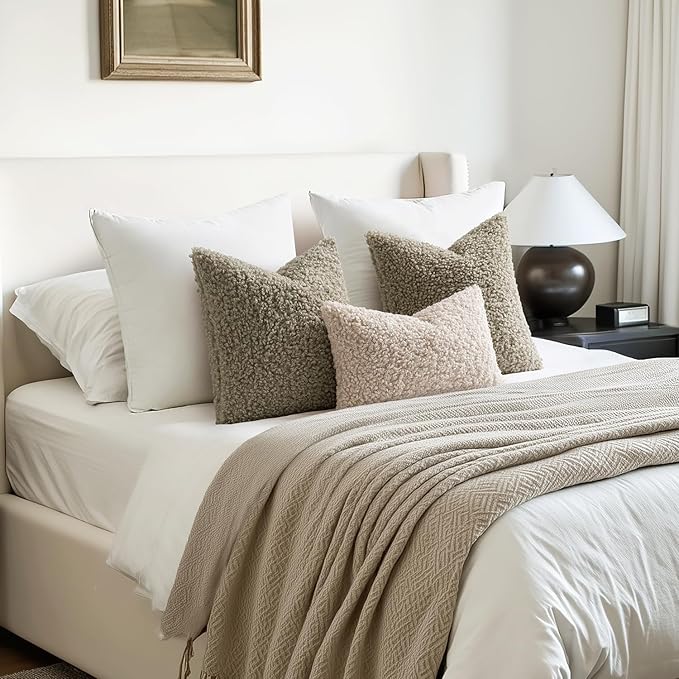 Woaboy Faux Fur Throw Pillow Covers 18x18 Inch Set of 2 Boucle Neutral Decorative Sherpa Fuzzy Accent Soft Sheepskin Fleece Cushions Modern Home Decor for Couch Sofa Bedroom Living Room,Sage Green