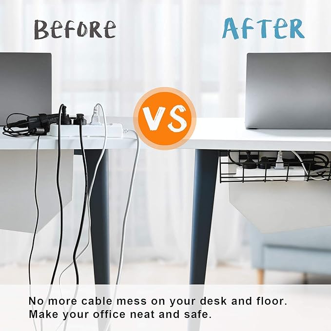 COYACOOL Under Desk Cable Management- 2 Pack Cord Organizer. Metal Wire Cable Management Tray for Office, Studio and Home. Super Sturdy Under Table Cable Management - Black Cable Organizer