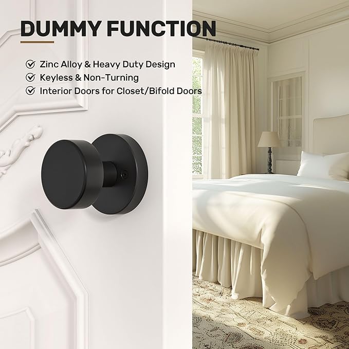 4 Pack Black Dummy Interior Door Knob Matte Black Door Knobs for Bifold Closet Doors, Heavy Duty Round Modern Door Handle