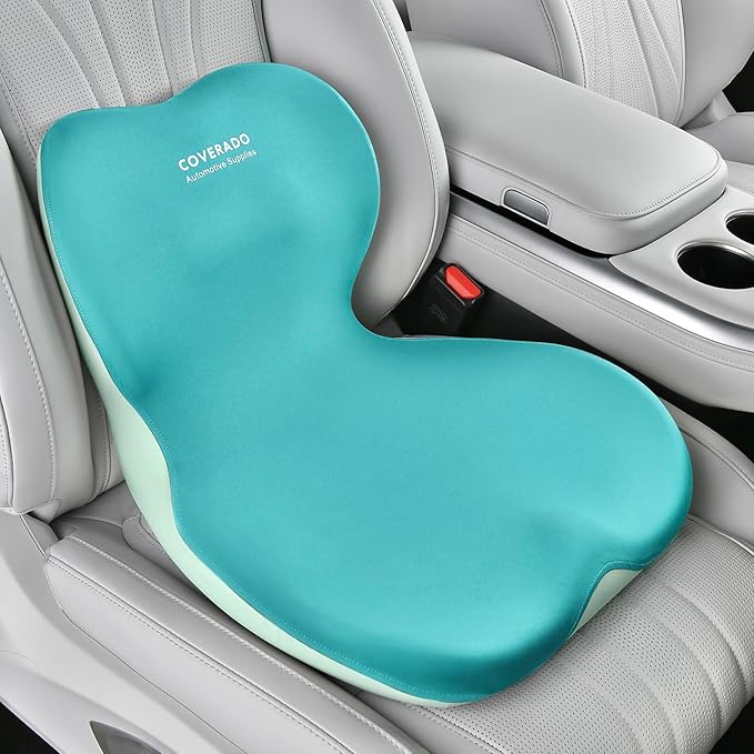 Coverado Car Seat Cushion and Lumbar Support Pillow One Piece, Memory Foam Ergonomic Back Support Driving Seat Cushion for Back Pain, Non-Slip Washable Cushion for Car, Driver, Office