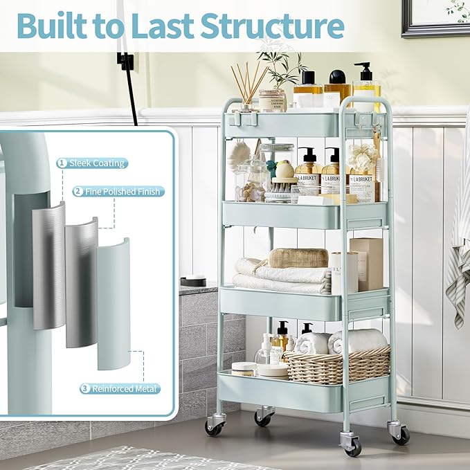 TOOLF 4-Tier Metal Rolling Cart with Wheels, Storage Utility Organizer Cart for Kitchen, Bathroom, Office, Baby Essentials & Makeup - Lockable Casters, Easy Assembly, Large Capacity, Green
