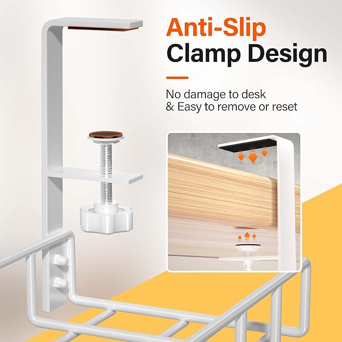 2 Pack Under Desk Tray, 31.4" No Drill Wire Management with Upgraded Clamp, Metal Cord Organizers for Desk, PC Cable Rack, White