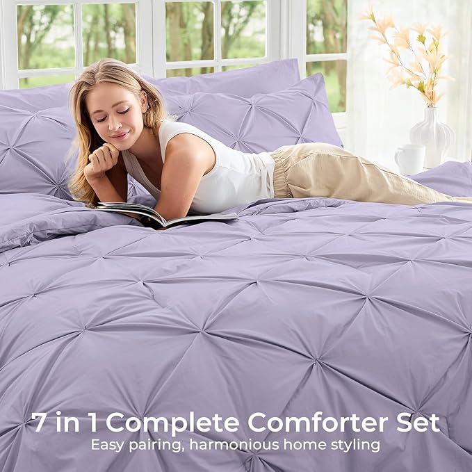 Sasttie California King Comforter Set, 7-Piece Bed in a Bag, Pintuck Bedding Sets for All Season, Includes Comforter, Flat Sheet, Fitted Sheet, Pillowcases and Pillowshams, Lavender
