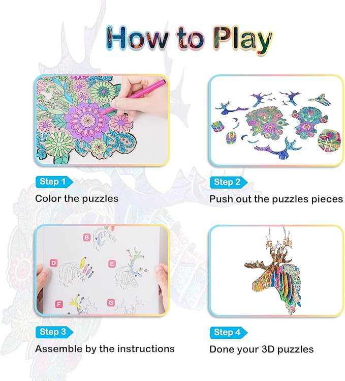 Hautton 3D Coloring Puzzle, Creative DIY Painting Puzzle Set Toy with 10 Colouring Pens, Fun Arts Crafts Gift for Kids Age 3 4 5 6 7 8 9 10 11 12 -Elk
