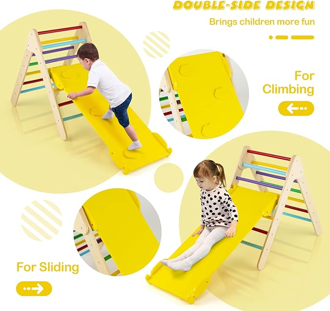 HONEY JOY Triangle Climber with Ramp, 2-Side Ramp for Climb & Slide, Kids Climbing Triangle Ladder for Daycare, Gym & Playground, Wooden Montessori Climbing Toys for Toddlers, Gift for Boys Girls