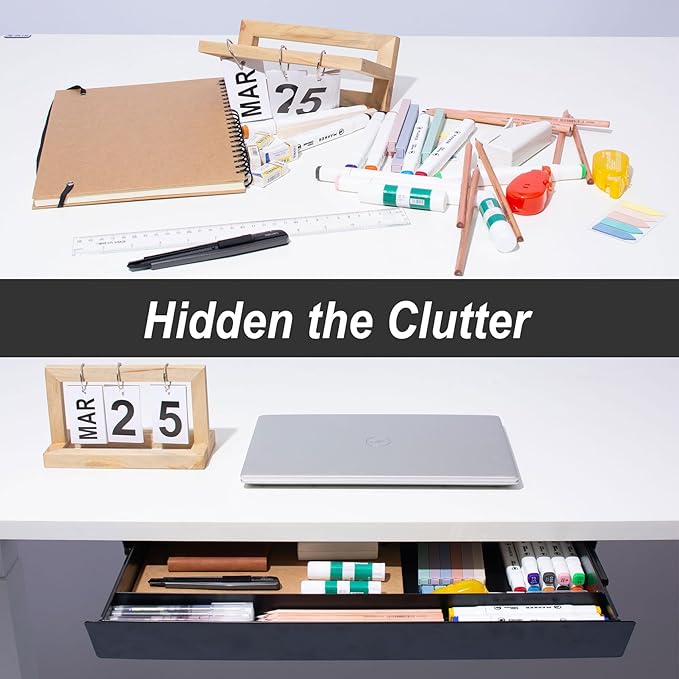 Large Under Desk Mounted Sliding Drawer with Pencil Tray and 60 Degree Tilt Panel to Pull Out, 26'' Long & 13'' deep Large Storage Organizer for Sit Stand Workstation