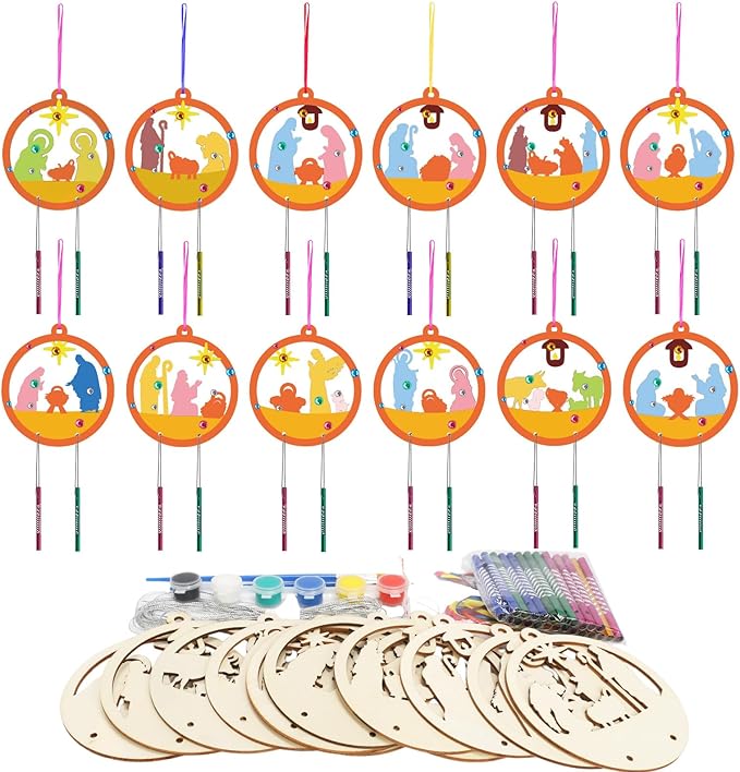 Fennoral 12 Pack Christmas Nativity Wind Chimes Kit for Kids Make Nativity Craft for Kids DIY Coloring Wooden Craft for Christmas Christian Religious Ornaments Christmas Party Decoration