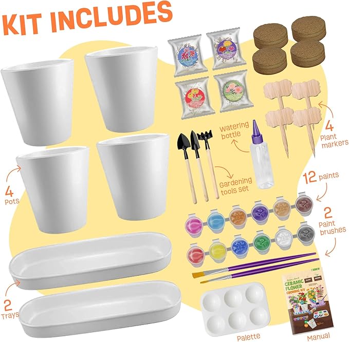 4 Set Paint & Plant Flower Gardening Kit - Gifts for Girls Ages 8-12, Arts and Crafts for Kids Ages 8-12, Kids Gardening Set, Birthday Toys Easter Gifts for Girls Boys Ages 4 5 6 7 8 9 10 11 12
