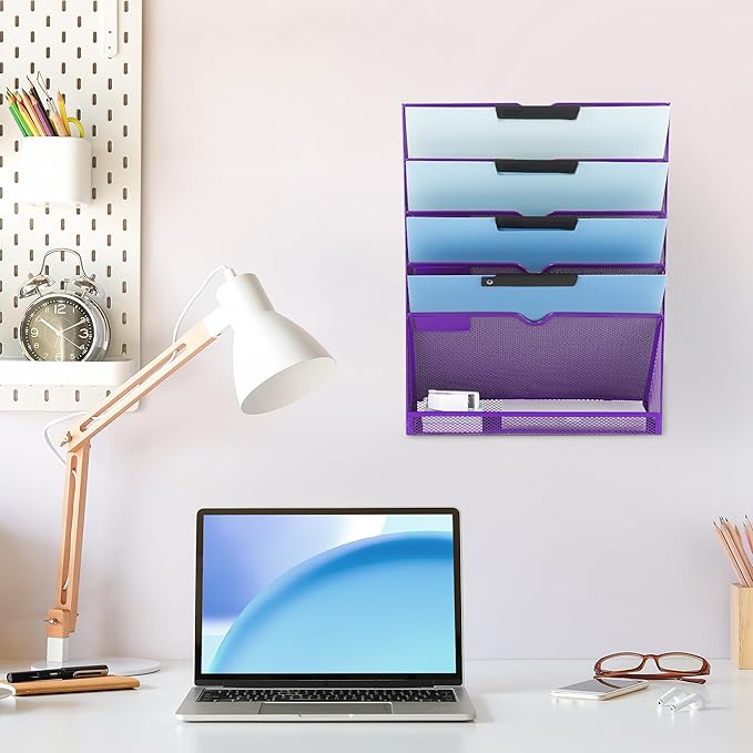 EASEPRES 6 Tier Mesh Hanging Wall File Organizer, Desk Vertical Mail Paper Document Folder Holder Rack with Bottom Tray and Nametag Label for Office Home School, Purple