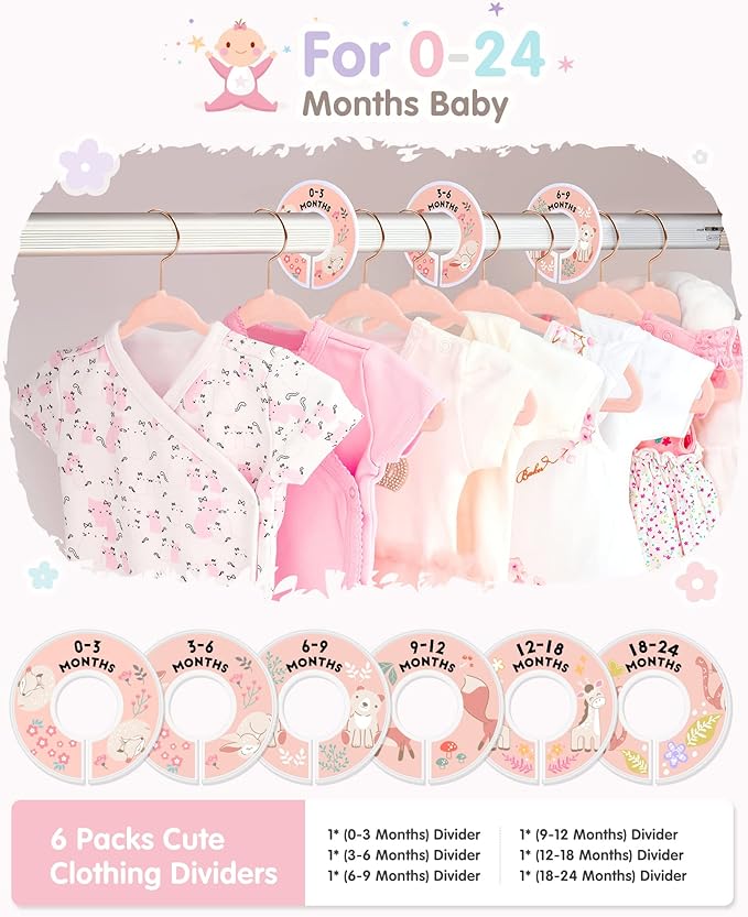 Baby Hangers, VIS'V 11 Inch Pink Velvet Kids Hangers with 6 Pcs Size Dividers Non Slip Nursery Children Closet Clothes Hangers for Infant Toddler Girls and Boys 50 Pcs