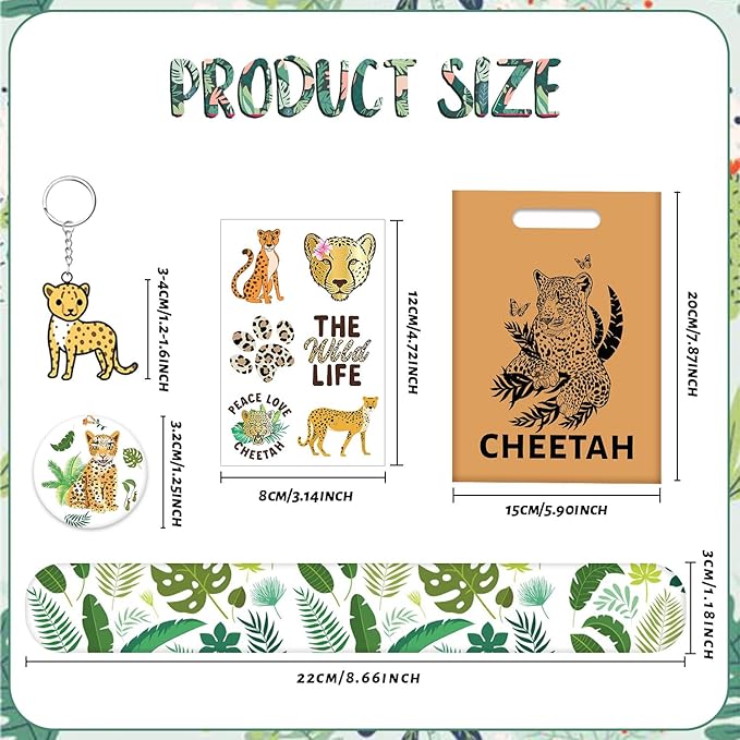 Cheetah Party Favors Cheetah Theme Slap Bracelets Key Chains Badge Temporary Tattoos Gift Bags for Kids Jungle Leopard Cheetah Birthday Party Baby Shower Safari Party Supplies