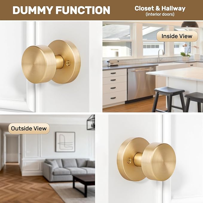 2 Pack Brushed Brass Dummy Door Knobs Interior, Satin Brass Door Knob Round Modern Gold Dummy Door Handle Interior for Hall Pantry Closets