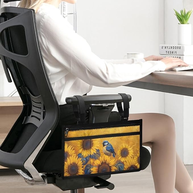 ZOUTAIRONG Sunflower Bird Wheelchair Side Bag Walker Bag, Elegant Floral Rustic Botanical Vintage Teal Wheelchair Armrest Accessories Organizer Pouch for Walkers, Rollators, Scooters