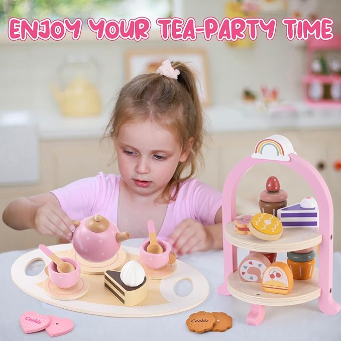 Atoylink Wooden Tea Party Set for Little Girls Toys Kids Play Kitchen Toddler Tea Set with Play Food & Cupcake Stand Pretend Play Wooden Toys for 2 3 4 5 6 Year Old Girl Christmas Birthday Gift, Pink