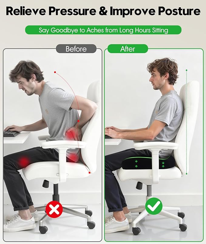 Ergonomic Office Chair Cushion – Gel Memory Foam Seat Pad with Non-Slip Cover, Pressure Relief for Long Sitting, Back Pain, Tailbone Support (Black)