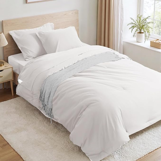 Anluoer White Twin Comforter Set 5 Pieces, Bed in a Bag with Sheets, All Season Bedding Sets with 1 Comforter, 1 Pillow Sham, 1 Pillowcase, 1 Flat Sheet, 1 Fitted Sheet