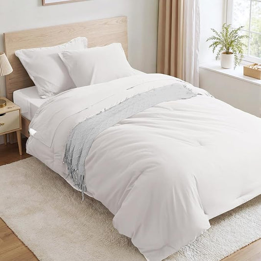 Anluoer White Twin Comforter Set 5 Pieces, Bed in a Bag with Sheets, All Season Bedding Sets with 1 Comforter, 1 Pillow Sham, 1 Pillowcase, 1 Flat Sheet, 1 Fitted Sheet