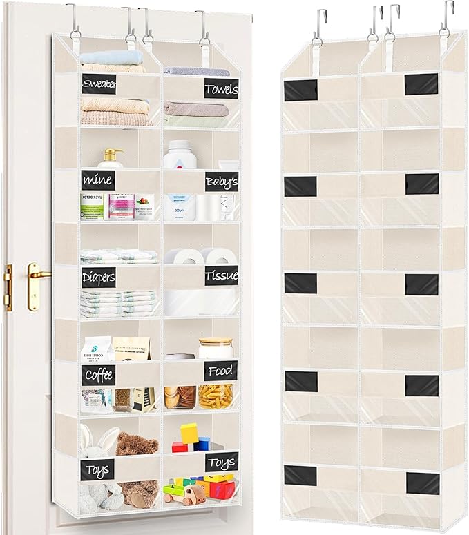 Over the Door Organizer, 5-Tier Extra Large Storage with 10 Pockets and PVC Label Pouches, 80 lbs Capacity Hanging Closet Organizer, Beige