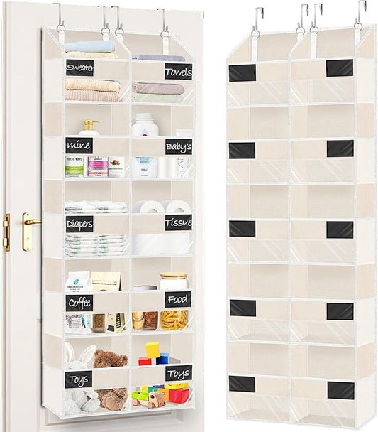 Over the Door Organizer, 5-Tier Extra Large Storage with 10 Pockets and PVC Label Pouches, 80 lbs Capacity Hanging Closet Organizer, Beige