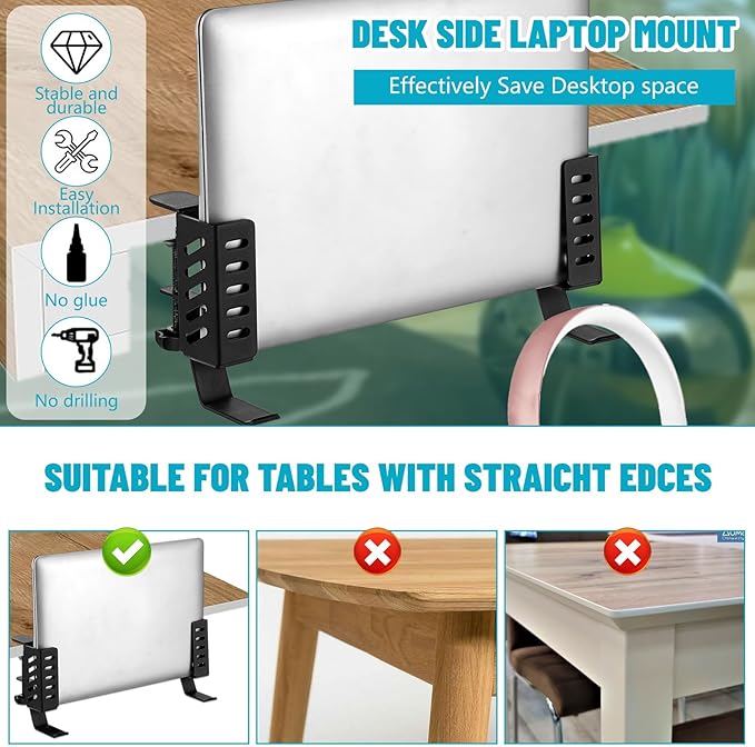 MAQUITA Desk Laptop Stand,No-Drill Desktop Mount,Hanging Holder for Desk - Clamp Storage for Laptops/Book/Keyboards/Headphone/Backpack Black