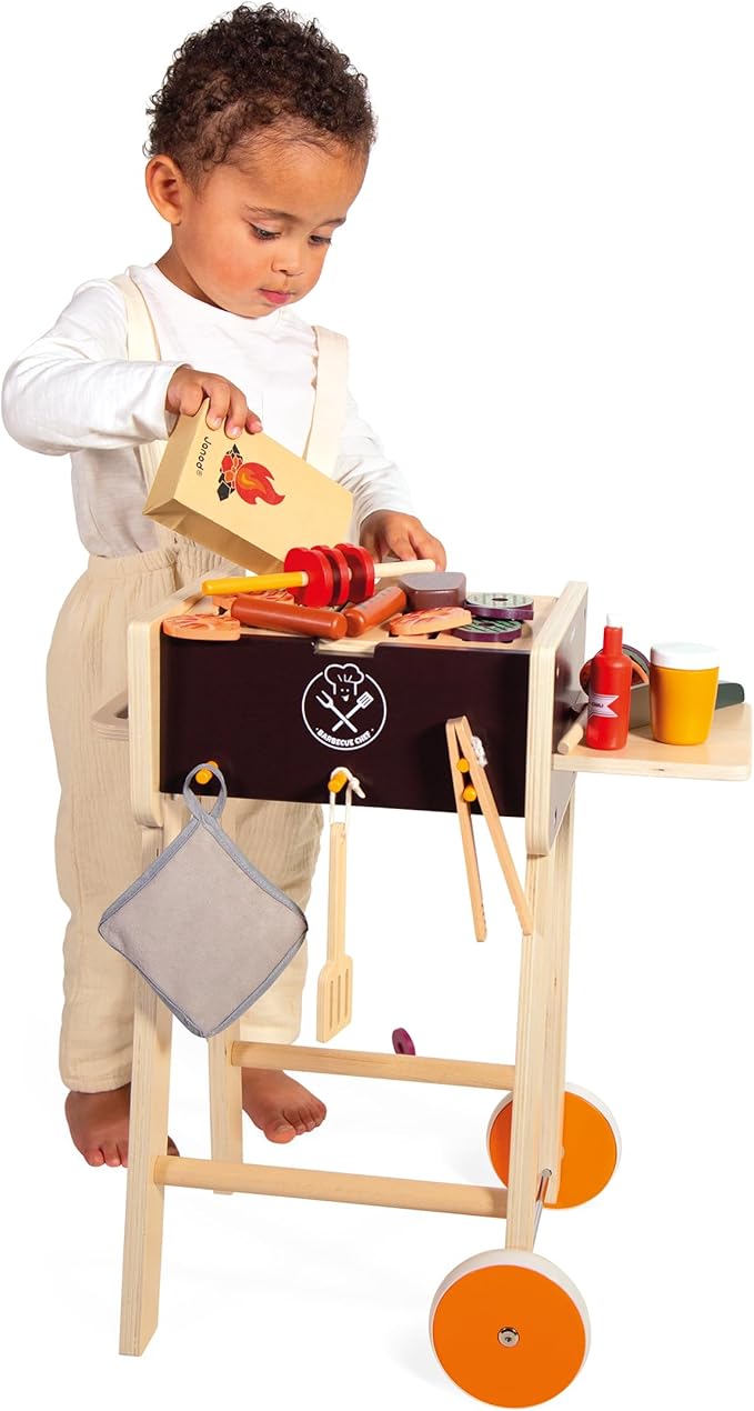 Janod - J06619 Wooden Barbecue - Imitation Kitchen and Dinette Toy for Children - 57 Accessories Included - 2 Silent Wheels - Ages 3 and Above