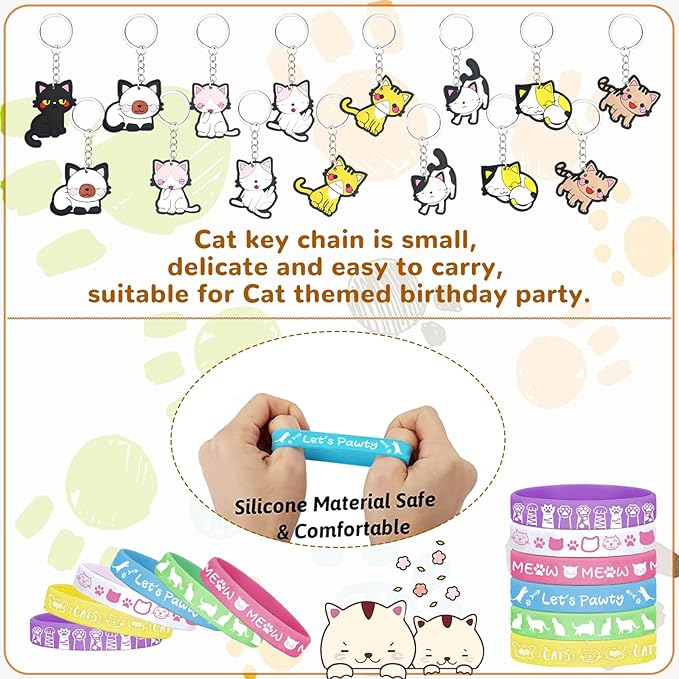 134Pcs Cat Party Favors Set for Kids Cat Themed Birthday Party Supplies With Cat Headband Spiral Notepads Pens Keychains Tattoo Cat DIY Face Stickers Silicone Bracelets Cat Favors for Girls Kids Party