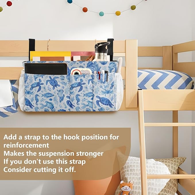 Ink Blue Turtles Fish Crabs Bedside Caddy for Dorm Bed Bedside Hanging Caddy Bag Iron Frame Storage Organizer Pocket for Bunk Home College Hospital Beds 2 Hooks