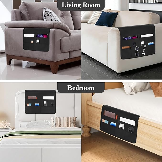 PU Leather Couch Organizer Caddy Sofa Armrest Organizer, Remote Control Holder for Recliner, Waterproof Armchair Caddy with 6 Pockets Storage for Magazine, Tablet, Phone, Remote (Black)