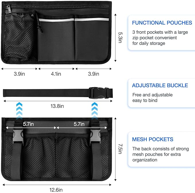 Wheelchair Bag, Walker Bag, Armrest Organizer Pouch with Cup Holder, Reflective Strip, Accessories for Most Wheelchairs, Walkers, Rollators (Black)
