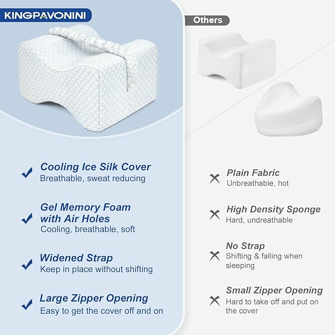 KingPavonini Cooling Knee Pillow for Side Sleepers, Gel Memory Foam Leg Pillows for Side Sleeping with Ice Silk Cover and Strap, Knee Pillow for Back Hip Pain, Spine Aligning, Sciatica, Pregnancy