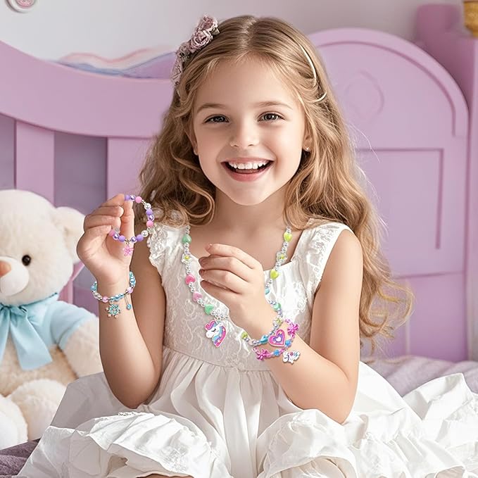 4 Sets Girls Jewelry Princess Unicorn Flower Frozen Necklaces Bracelets for Toddler Girl Princess Costume Dress Up Play Party Favors Toy Gifts for Little Girls Years Old 3 4 5 6 7 8