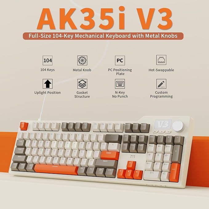 NACODEX AK35I V3 104-Key Full Size Wired Gasket Mount Gaming Keyboard with Multimedia Buttons & Knob Control | Five Layer Pad | OEM Profile PBT Keycaps | White Backlit Custom Keyboard