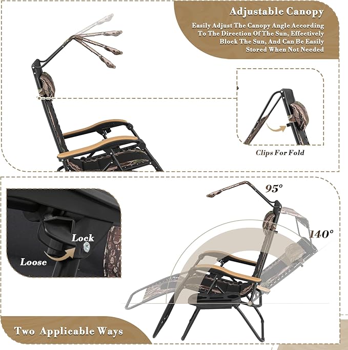 Athena Collection Zero Gravity Outdoor Lounge Chair Set of 2 with Canopy Shade, 29" Width Pool Lounge Lawn Chairs Reclining with Cup Holder, Outdoor Chaise for Beach Patio Outside, Jungle