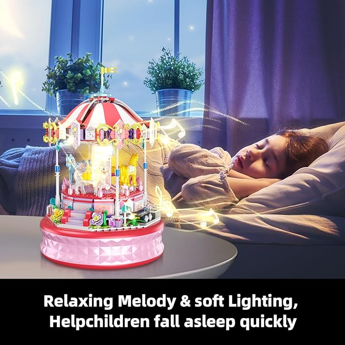 591 Piece Mini Music Box Building Block Set,Rotating Carousel DIY Building Toy,Girl Amusement Park Building Block Kit,STEM Educational Toys,Christmas Birthday Gifts for Girls Boys Ages 6-12+