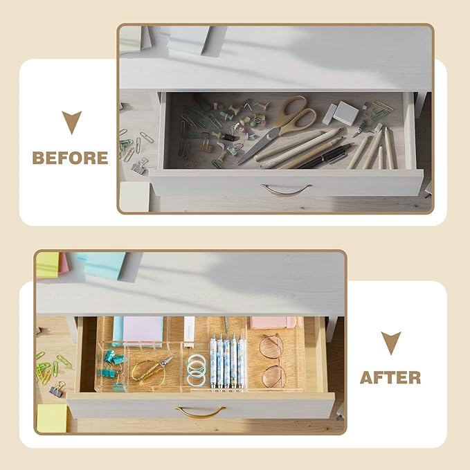 Briwooody Acrylic Drawer Organizer Clear Desk Drawer Organizer Trays with Adjustable Compartments Desk Accessories for Office Stationery Makeup Silverware Bathroom(Expandable)