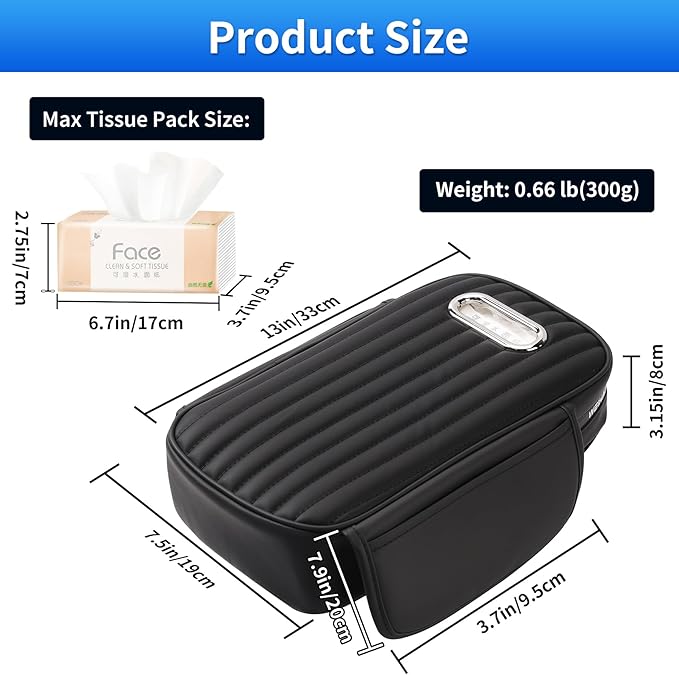 WEIHAO Car Armrest Cushion- Thick Padding 13x7.5x3.15 inch, Car Center Console Cover with Storage Pockets & Tissues Packs Slot, Leather Arm Rest Cover Pad for Cars, SUVs, Most Vehicles (Black-1PC)