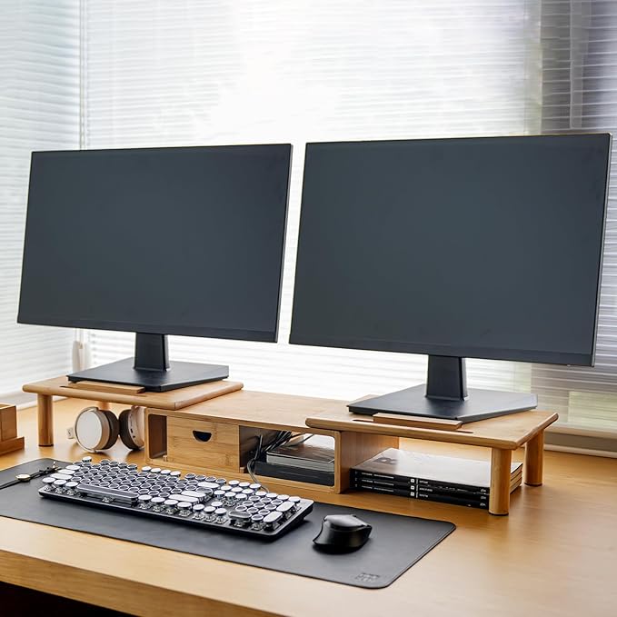 ROCDEER Dual Monitor Stand Riser with Drawer for Desk Laptop Desk Shelf with Adjustable Length and Angle, Bamboo Computer Stand Riser for 2 or 3 Monitors Screen Laptop PC TV -Natural