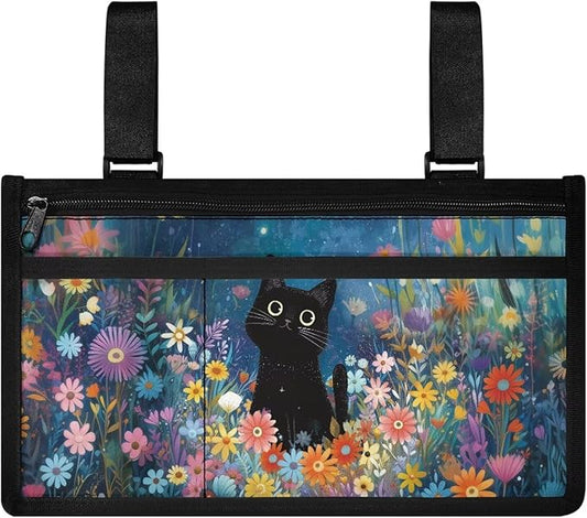 ZOUTAIRONG Black Cat Floral Wolf Wheelchair Side Bag, Wheelchair Armrest Pouch Accessories with Cup Holder, Storage Bag for Walker, Rollator