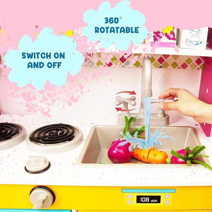 Kitchen Playset for Kids Ages 3-8, Wooden Pretend Play Kitchen for Toddlers, Including Telephone, Ice Maker, Refrigerator, Dimensions: 35” H x 31” W x 12” D (Multicolored)