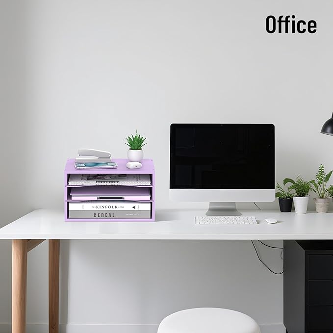 Wood Desk Organizer, 3 Tier Paper Tray Organizer for Desk with Adjustable Storage Shelves, Desktop File Organization Paper Sorter Mail Holder for Office Home Classroom, Purple