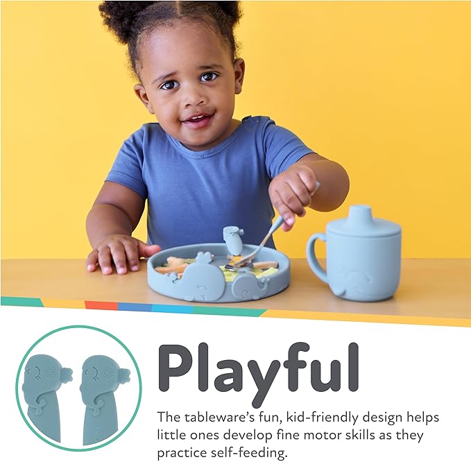 Nuby Animal Friends Silicone and Stainless Steel Fork and Spoon Set - 12+ Months - Blue Whale