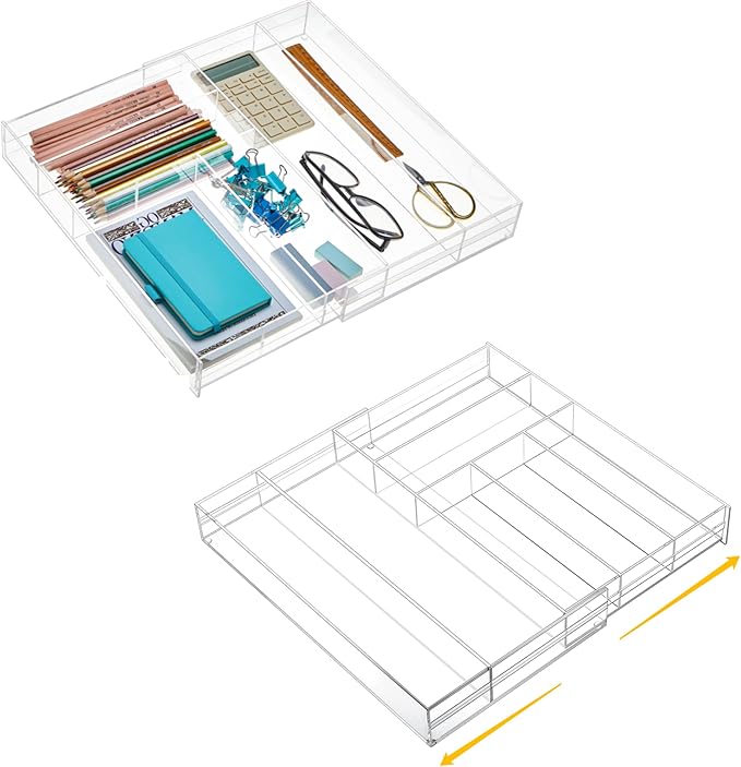 Briwooody 2 Pcs Acrylic Drawer Organizer 9'' up to 18'' x 15'' x 2'' Expandable Drawer Organizer Pens Notebook Ruler Makeup Tray with 7 Adjustable Compartments for Desk Office Kitchen Bathroom(Clear)