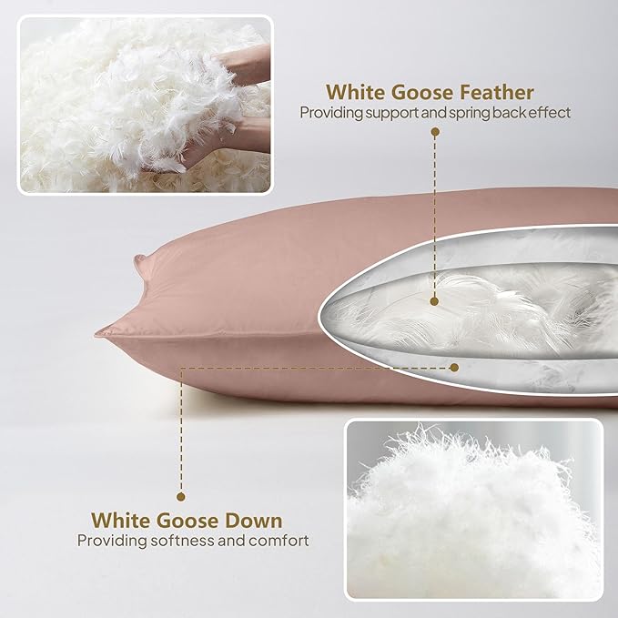 Goose Down Body Pillows for Adults, Large Body Pillow for Side Sleeper, Hugging Feather Body Pillow Insert, Cooling Full Length Long Pillow for Bed with 100% Organic Cotton Shell, (Pink 20"x60")