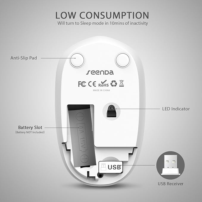 seenda Wireless Mouse, 2.4G Noiseless Mouse with USB Receiver Portable Computer Mice for PC, Tablet, Laptop and Windows/Mac/Linux (White & Silver)
