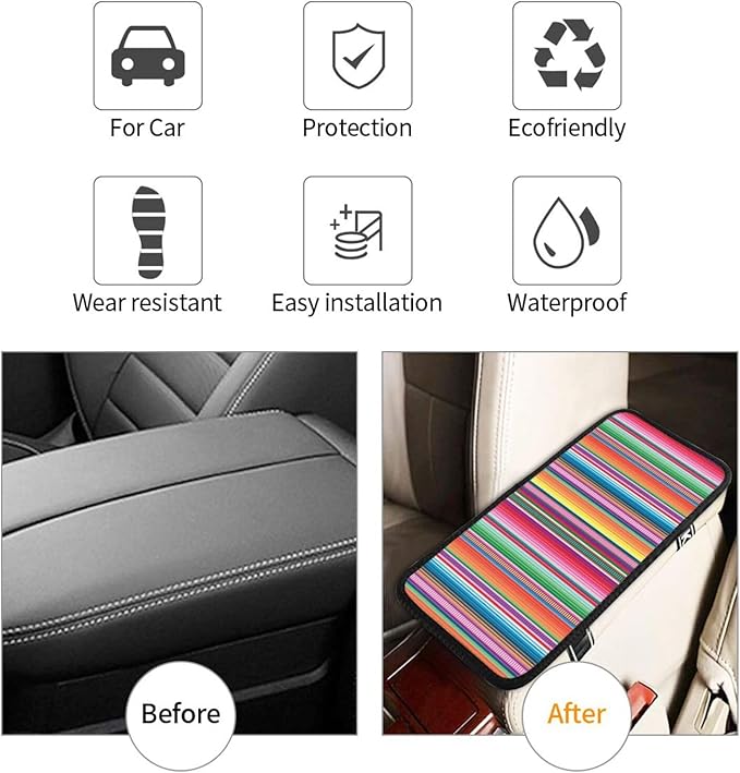 DORKEIXIA Mexican Blanket Serape Stripe Pattern Colorful Auto Center Console Armrest Pad Universal Car Center Console Cover Seat Box Cover for Sedan, Van, SUV, Truck Car Accessorie