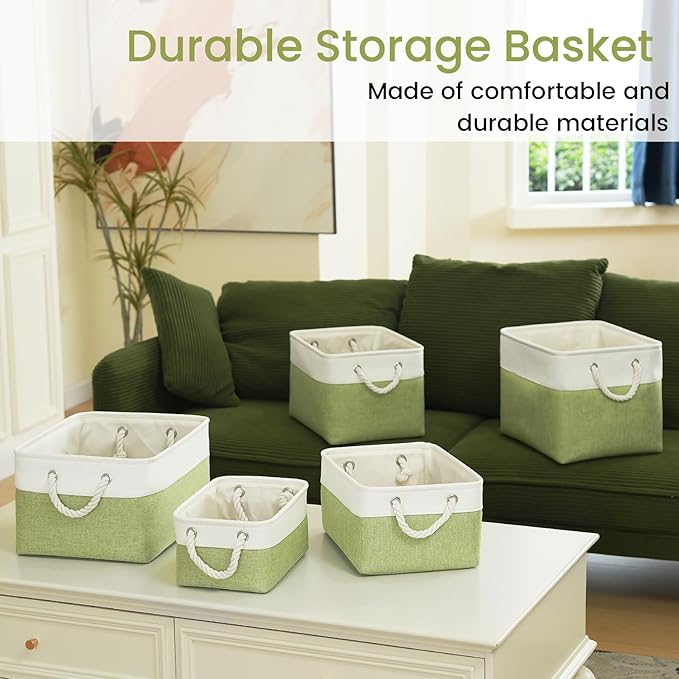 VQRTEXA Storage Baskets for Shelves 13.8x9.8x6.7 Inch, Foldable Fabric Storage Bins with Handles, Small Storage Baskets for Organizing Closet, Bathroom, Office, Home Organization (1-Pack, White&Green)