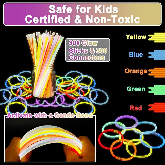 325 Pcs Glow in the Dark Party Supplies,Light Up Party Favors With 300 Pcs Glow Sticks Bracelets & 25 Pcs LED Glasses,Neon Party Favors for Glow Party Wedding Concert Halloween Raves Birthday