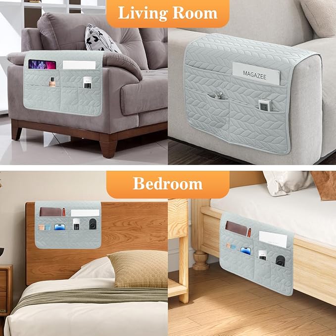 Sofa Armrest Organizer Arm Chair Caddy for Recliner, Remote Control Holder for Recliner, Non-Slip Armchair Caddy with 6 Pockets Storage for Magazine, Tablet, Phone, Light Grey